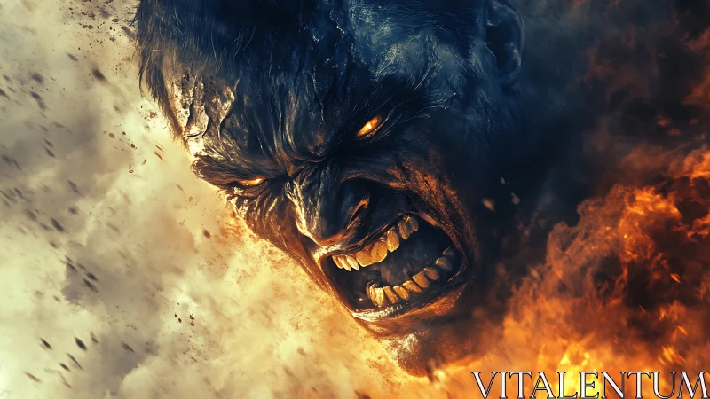 Demonic fiery humanoid face emerging from smoke and flame