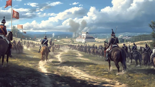 Cavalry columns advance toward a distant fortress under stormy skies