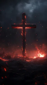 Burning cross in dark landscape with glowing embers.
