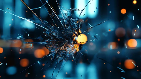 Shattered Glass Impact in Abstract Urban Night Scene, Digital Art.