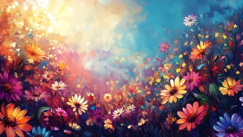 Luminescent Floral Field: Digital Garden with Radiant Gradient Sky.
