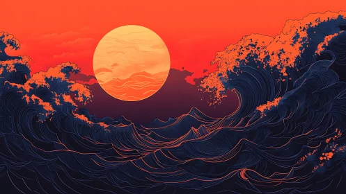 Stylized ocean waves under large circular sun at dusk.