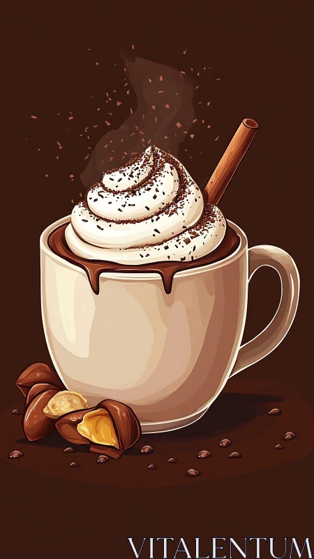 Illustrated mug of hot chocolate with cream and cinnamon.