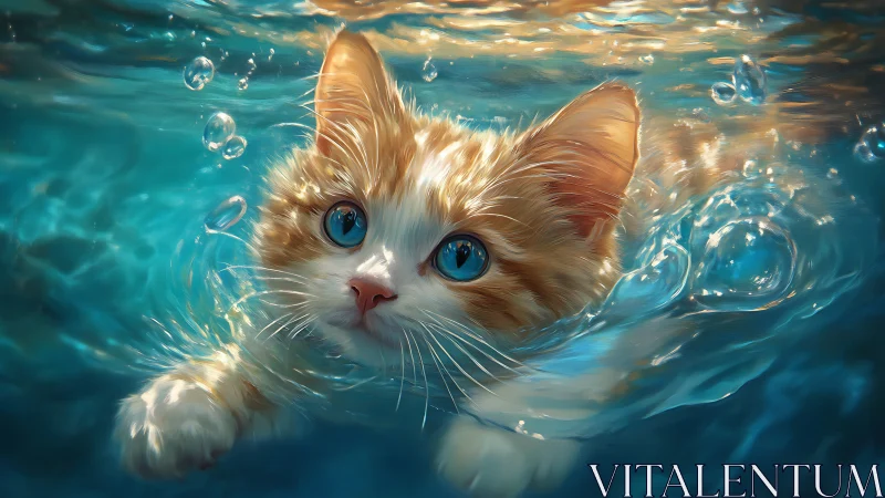 Golden Cat Swimming Underwater With Luminous Turquoise Waters