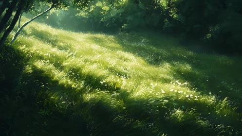 Sunlit meadow whispers beneath a quiet green canopy.