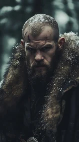 Battle-scarred winter warrior in fur mantle, snow-flecked gaze.