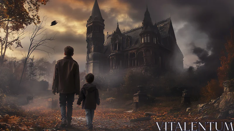 Two brave brothers approach a mysterious foggy mansion.