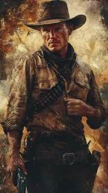 Weathered cowboy stands armed against a storm-stained sky