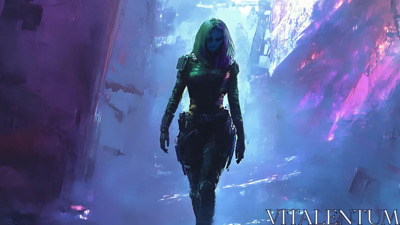 Neon alley wanderer in a soft, shimmering sci fi cityscape.