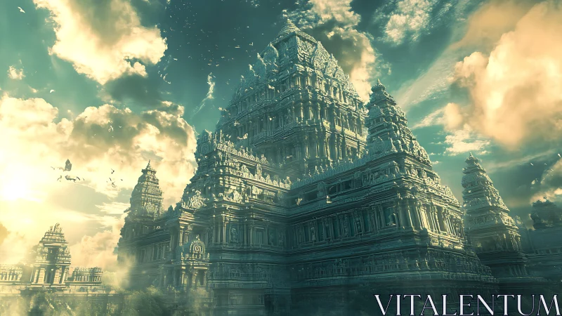 Mythic stone temple rises beneath storm lit emerald sky.