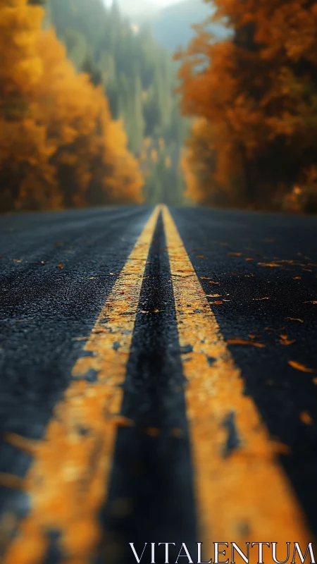 Golden autumn highway inviting you into the quiet woods.