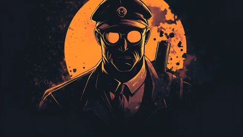 Solitary armed figure in uniform before blazing circle.