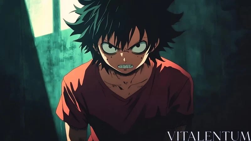 Angry anime boy stands in dim room with harsh side light