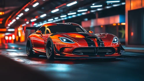 Fiery red sports car glowing under sleek city lights.