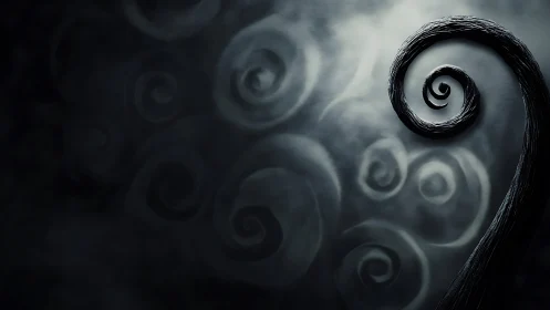 Curled midnight branch listens to the whispers of foggy spirals