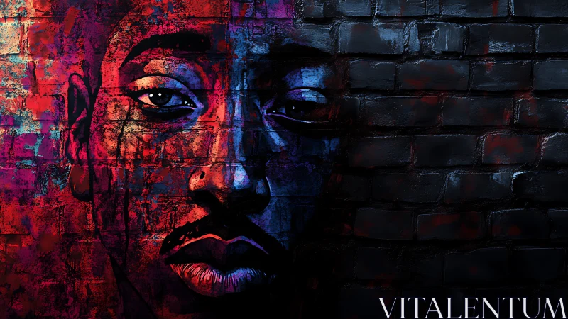 Neon sorrow seeps from a painted face across rough brick