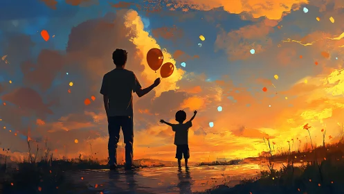 Silhouetted adult and child with balloons at sunset sky.