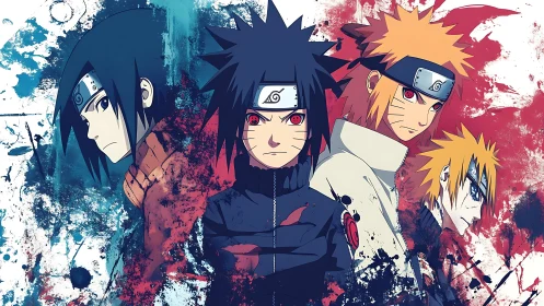 Intense anime warriors stand united in bold splattered color