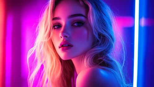 Neon-lit blonde portrait in vibrant magenta and cyan glow.