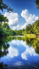 Cloud mirrors drift across a tranquil palm-lined river.