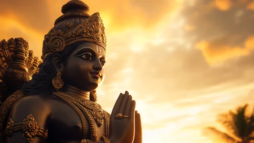 Hindu deity statue stands against illuminated sunset sky