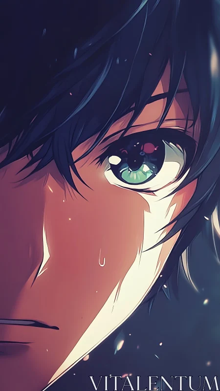 Somber anime boy stares ahead with tearful, shining eye.