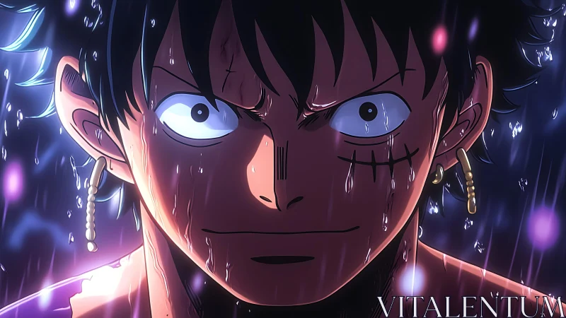 Intense anime closeup shows rain‑soaked face with dramatic rim lighting