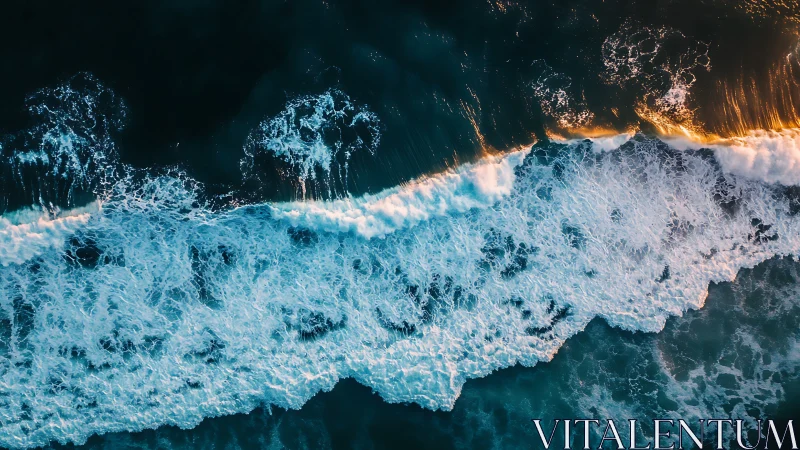 Sunlit breakers sketch glowing calligraphy across midnight sea