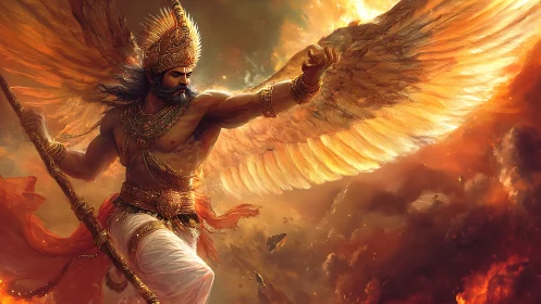 Winged fireborn guardian storms a blazing celestial sky.