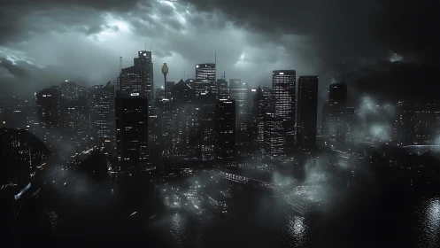 Moody night skyline glows gently through mist and storm clouds
