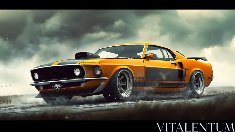 Aerodynamic muscle coupe drifting through storm runway.