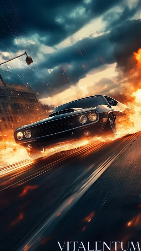 Midnight muscle car carves molten firetracks through storm
