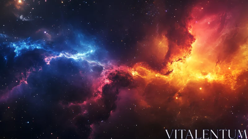 Color divided nebula with blue and orange star clouds.