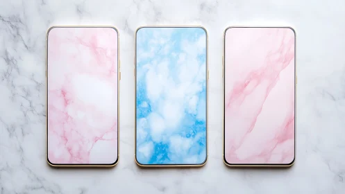 Symmetric smartphone trio with marble gradients on white.