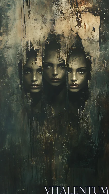 Triptych of spectral faces emerging through corroded darkness.