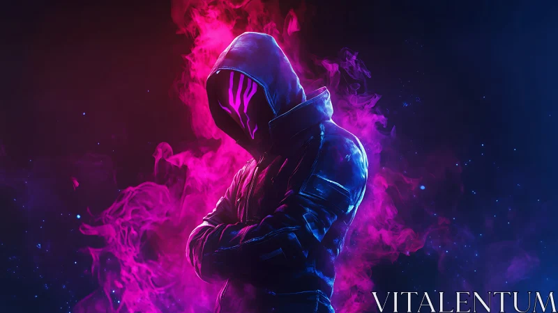 Hooded figure stands amid neon smoke with crossed arms