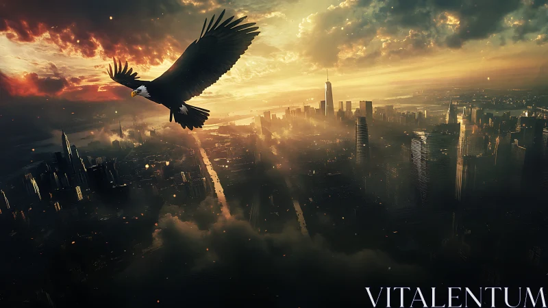 Soaring eagle crosses sunlit futuristic city skyline.
