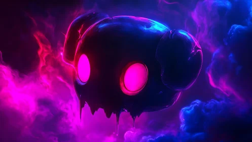 Glow-eyed cosmic skull drifting through neon clouds.