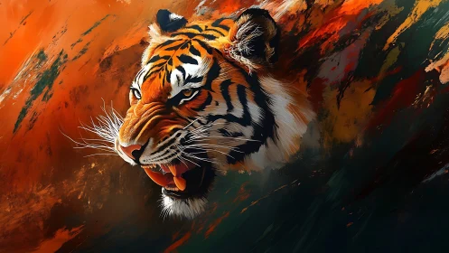 Roaring tiger head over bold orange and dark strokes.