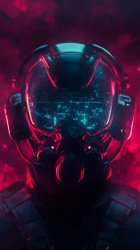 Neon lit space pilot stands ready inside glowing red mist