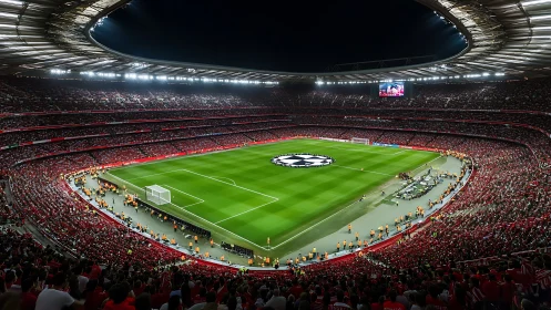 Panoramic night view of capacity-filled UEFA football stadium bowl