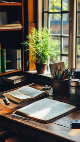 Sunlit wooden writing desk with open journals and stationery