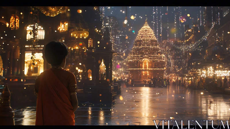 Child observing illuminated temple courtyard at night.