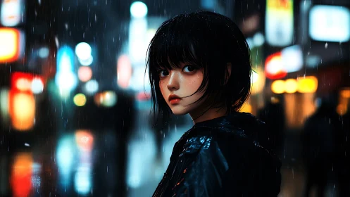 Young figure in rainy neon city street at night, rear view.