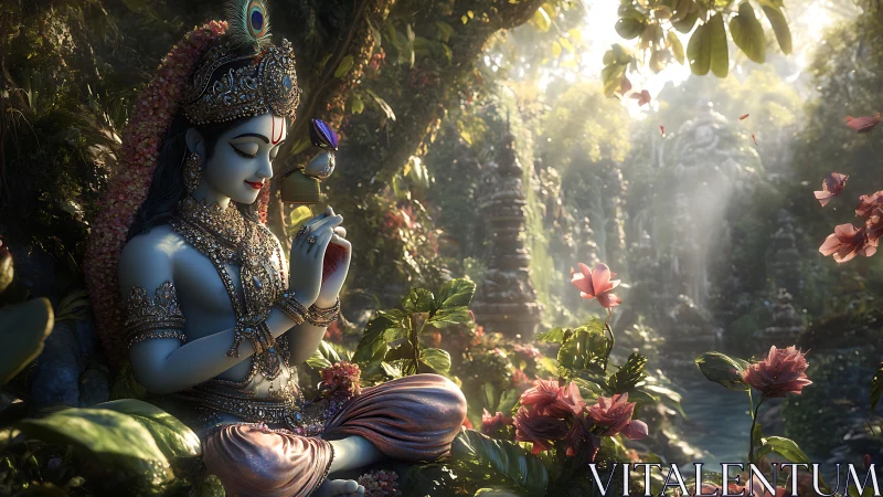 Divine blue deity meditates beside lush forest river shrine