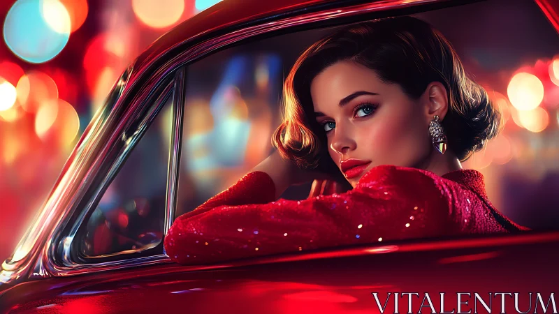 Neon bokeh highlights retro car interior and cinematic portrait