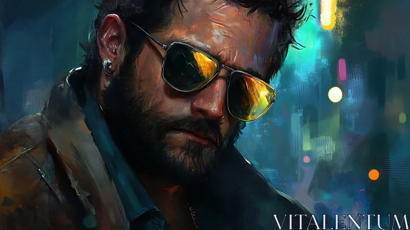 Moody neon portrait of brooding man with gold shades.