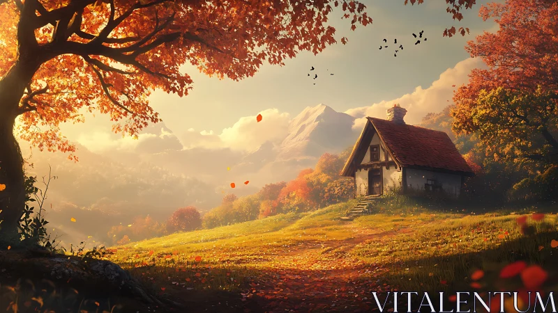 Sunlit cottage beneath blazing autumn canopy at dawn.