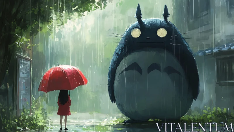 Rain-soaked forest bus stop with child and large forest spirit