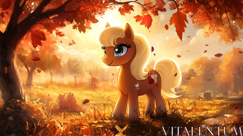 Golden pony enjoys a glowing autumn forest adventure